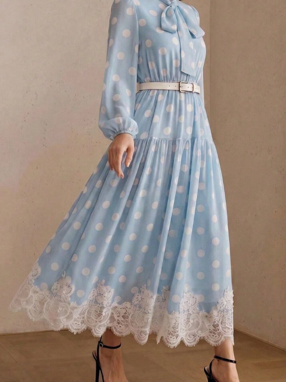 Baby Blue Elegant Women's Polka Dot Chiffon Lace Tie Waist Long Sleeve Dress